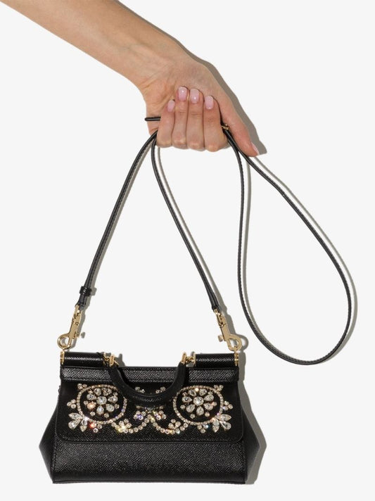 Black Sicily Crystal Leather Tote Bag