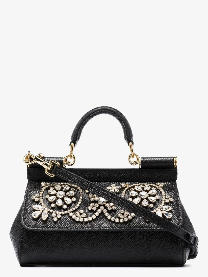 Black Sicily Crystal Leather Tote Bag