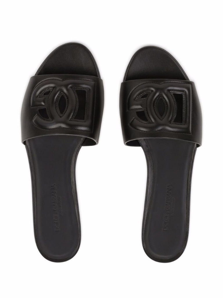 Black Logo Embossed Leather Slides