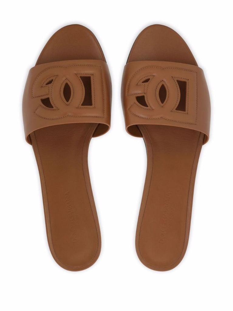 Brown Dg Logo Leather Slides