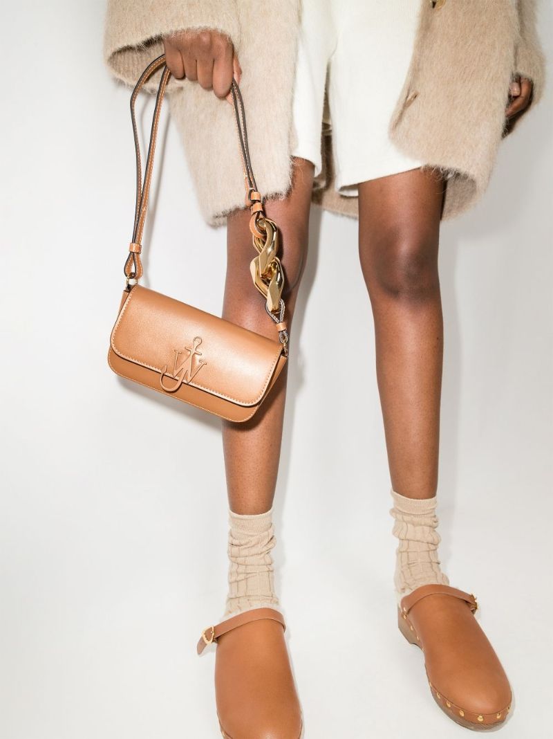 Brown Chain Anchor Baguette Leather Cross Body Bag