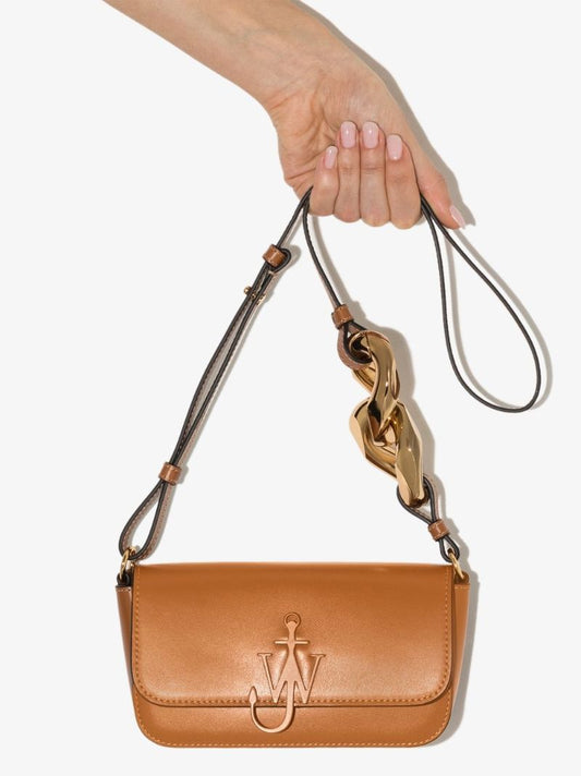Brown Chain Anchor Baguette Leather Cross Body Bag