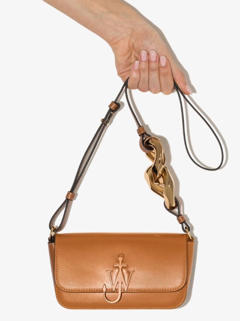 Brown Chain Anchor Baguette Leather Cross Body Bag