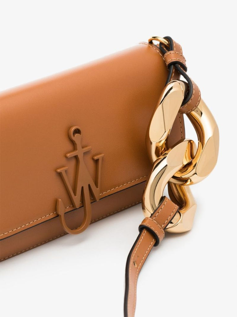 Brown Chain Anchor Baguette Leather Cross Body Bag