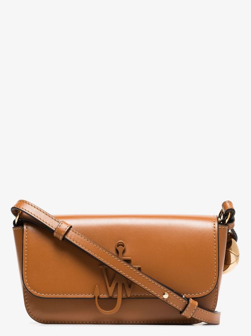 Brown Chain Anchor Baguette Leather Cross Body Bag