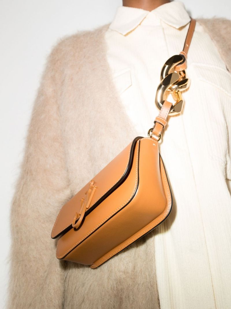 Brown Chain Anchor Baguette Leather Cross Body Bag
