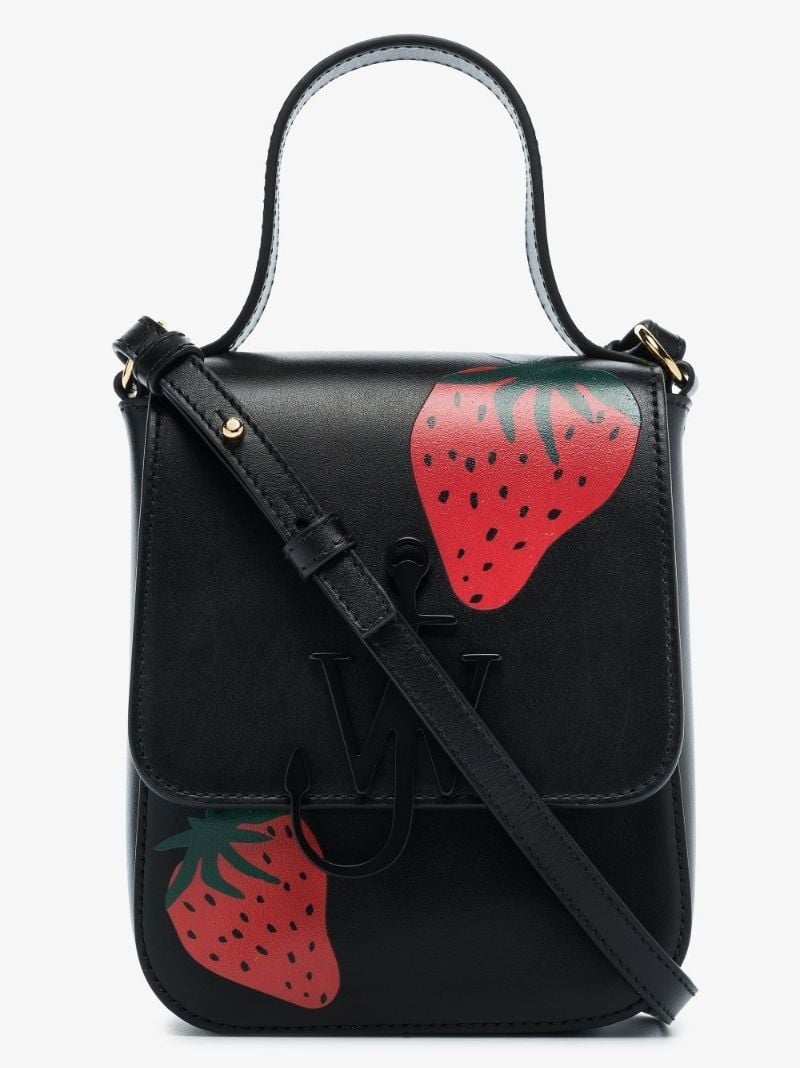 Black Strawberry Print Leather Cross Body Bag