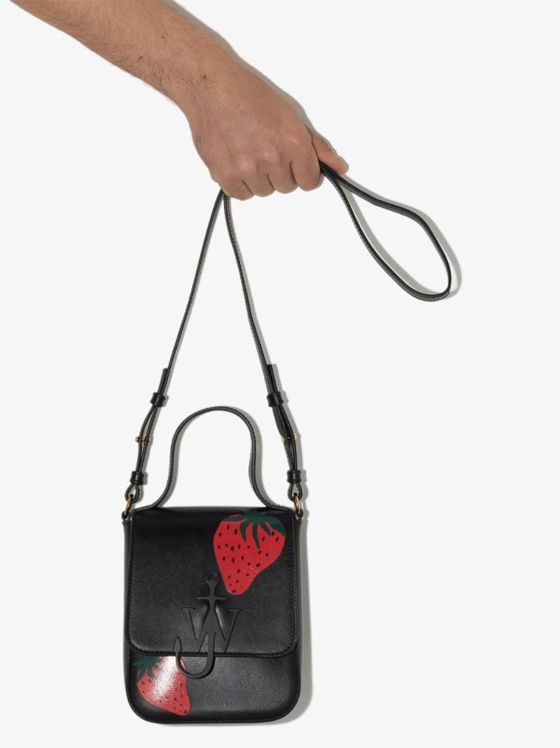 Black Strawberry Print Leather Cross Body Bag