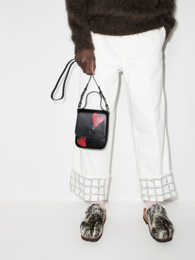 Black Strawberry Print Leather Cross Body Bag