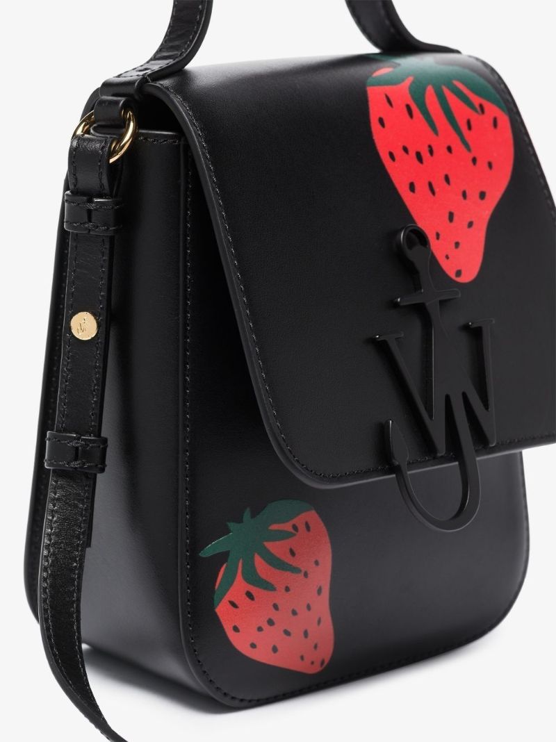 Black Strawberry Print Leather Cross Body Bag