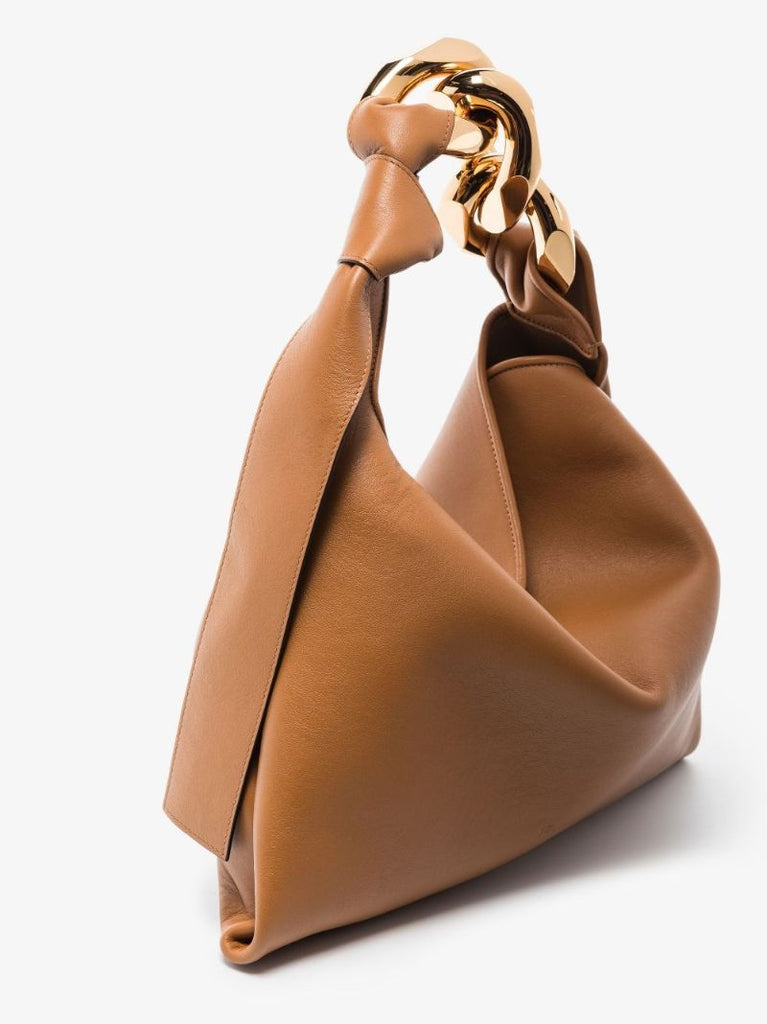 Brown Chain Hobo Small Leather Tote Bag