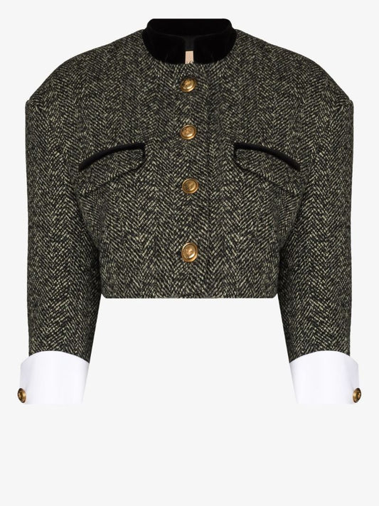 Cropped Herringbone Tweed Jacket