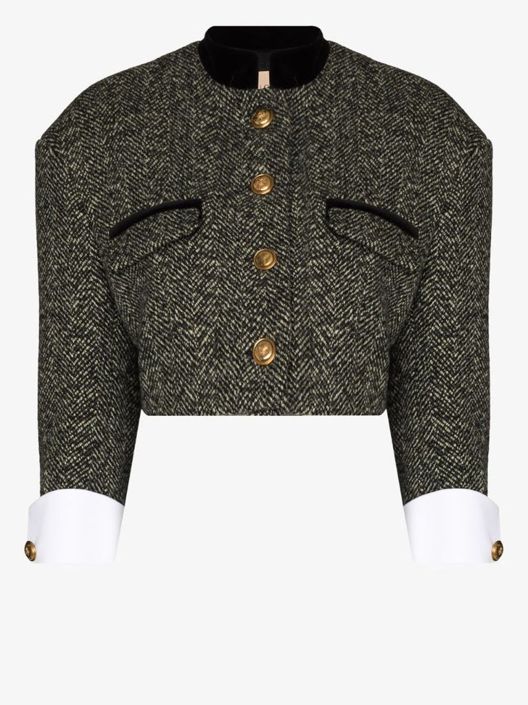 Cropped Herringbone Tweed Jacket