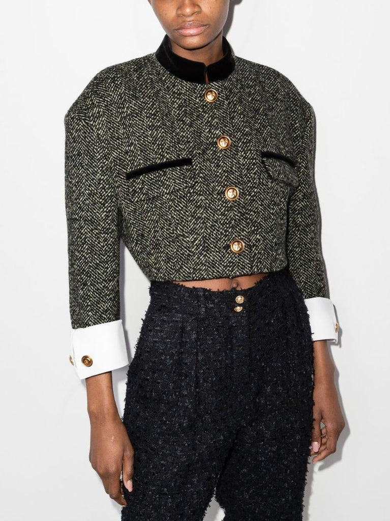 Cropped Herringbone Tweed Jacket