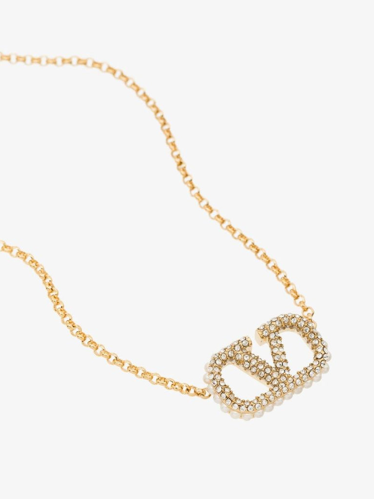 Gold Tone Vlogo Crystal Necklace
