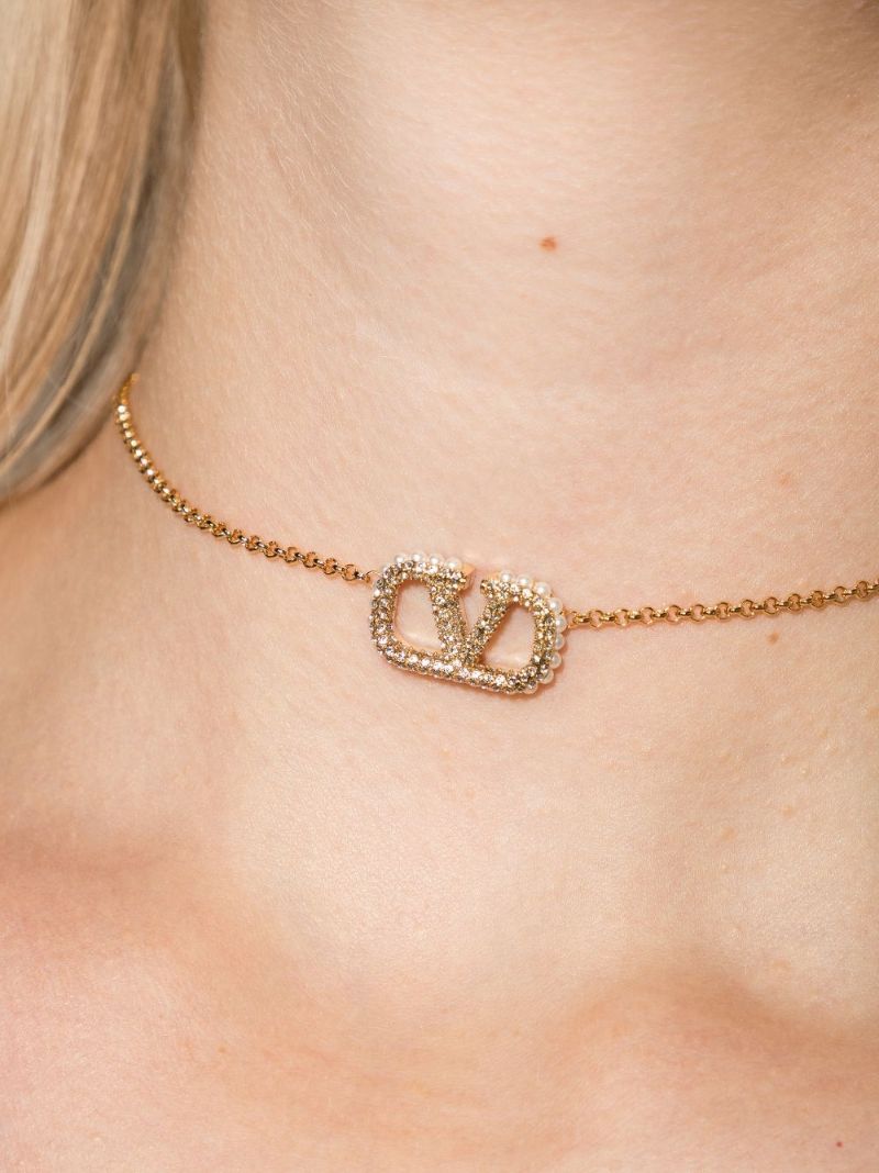 Gold Tone Vlogo Crystal Necklace