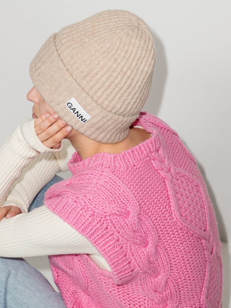Neutral Logo Ribbed Knit Beanie Hat