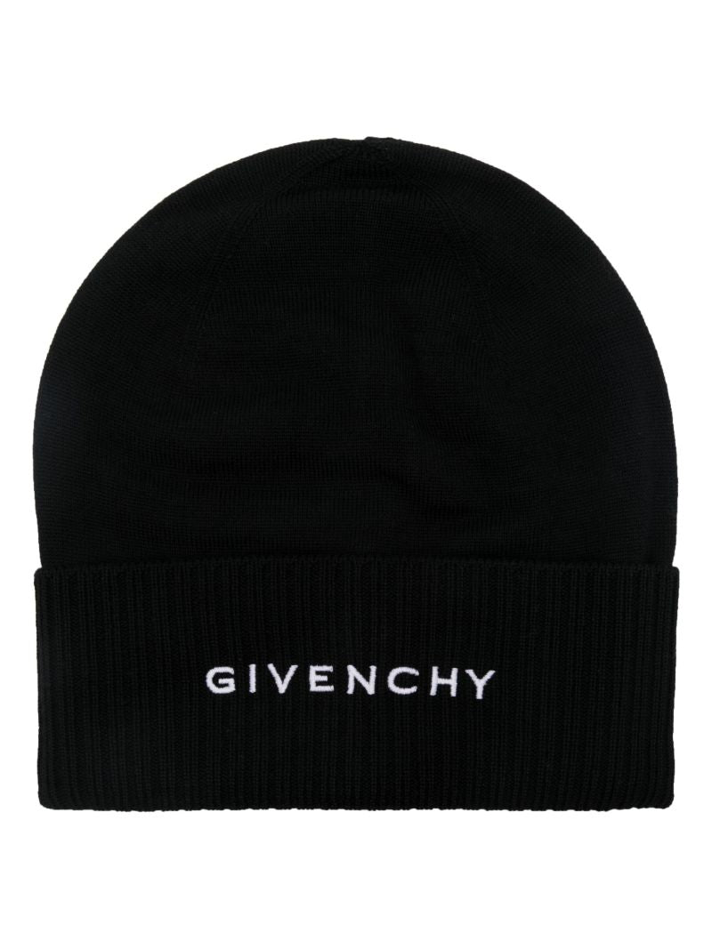 Black Embroidered Logo Wool Beanie Hat