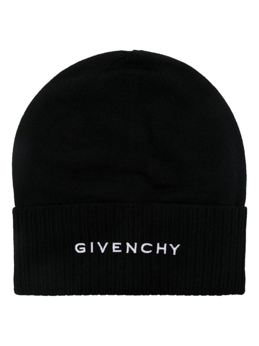 Black Embroidered Logo Wool Beanie Hat