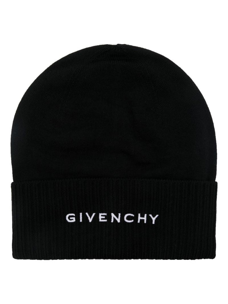 Black Embroidered Logo Wool Beanie Hat