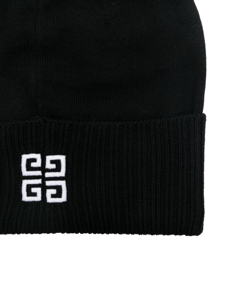 Black Embroidered Logo Wool Beanie Hat
