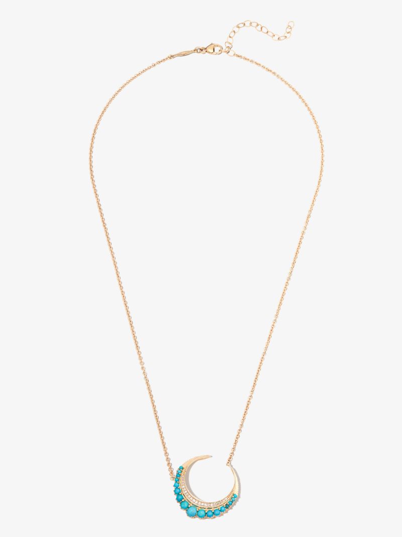 14k Yellow Gold Crescent Moon Small Turquoise Diamond Necklace