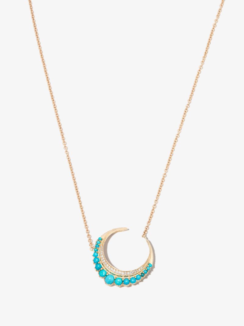 14k Yellow Gold Crescent Moon Small Turquoise Diamond Necklace