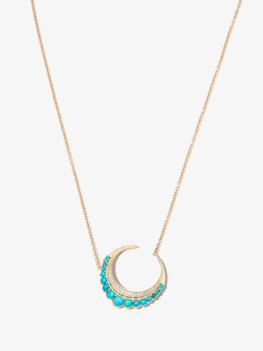 14k Yellow Gold Crescent Moon Small Turquoise Diamond Necklace