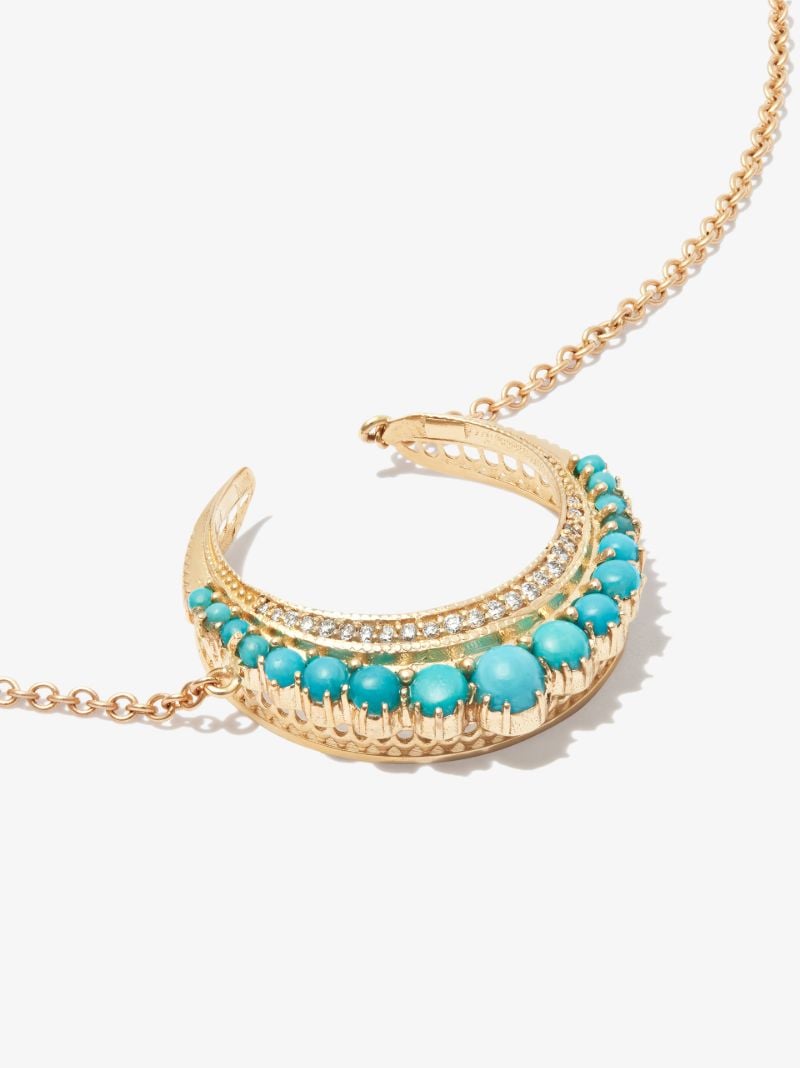 14k Yellow Gold Crescent Moon Small Turquoise Diamond Necklace