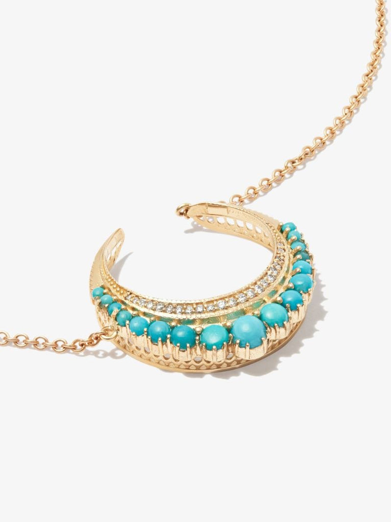14k Yellow Gold Crescent Moon Small Turquoise Diamond Necklace