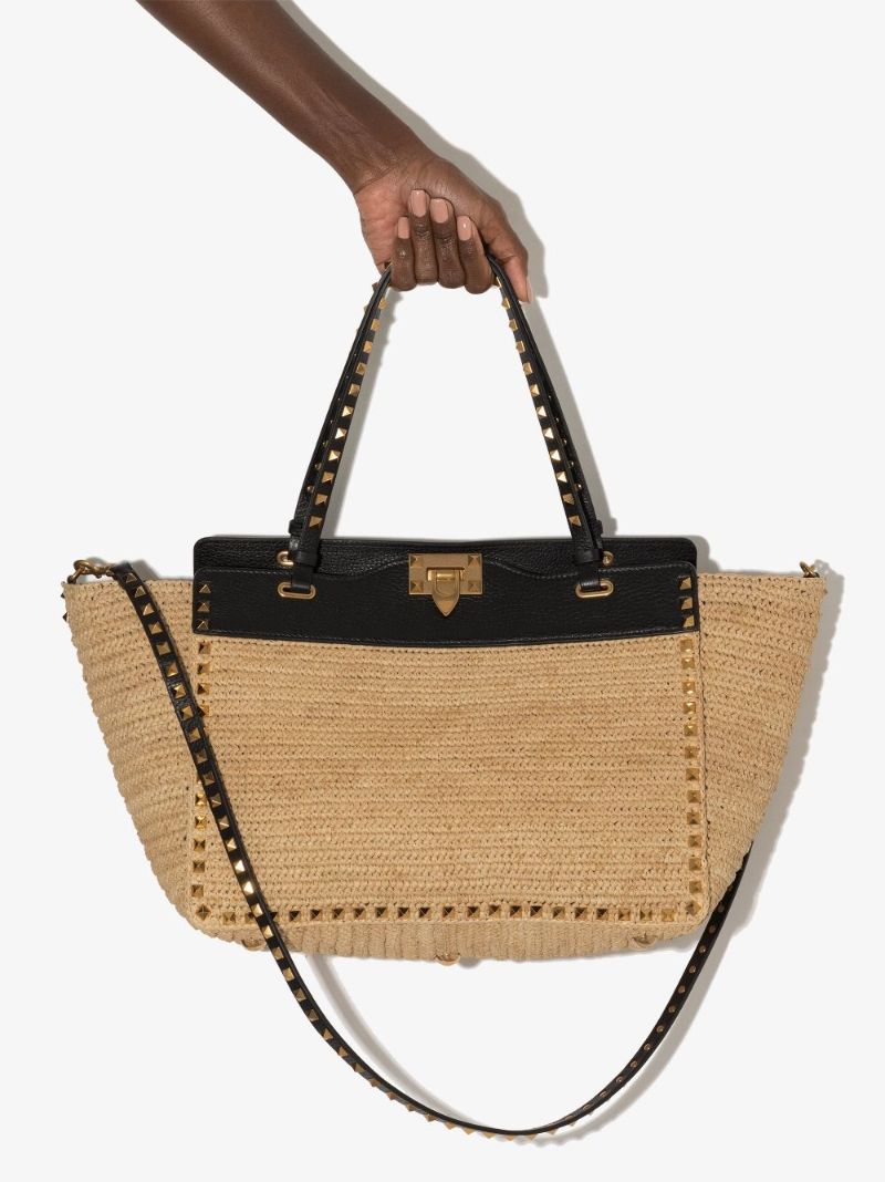 Neutral Rockstud Medium Raffia Tote Bag