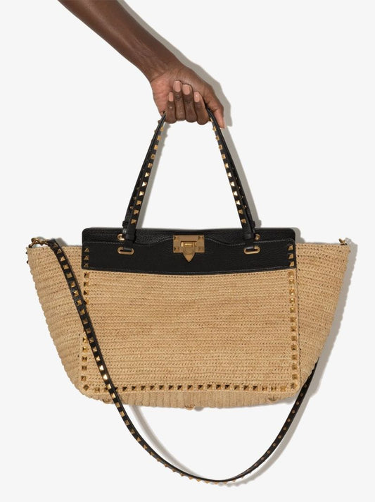 Neutral Rockstud Medium Raffia Tote Bag