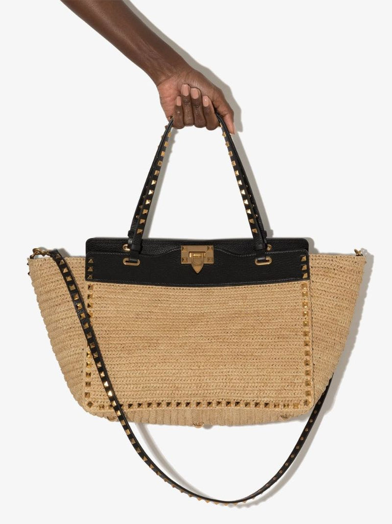 Neutral Rockstud Medium Raffia Tote Bag