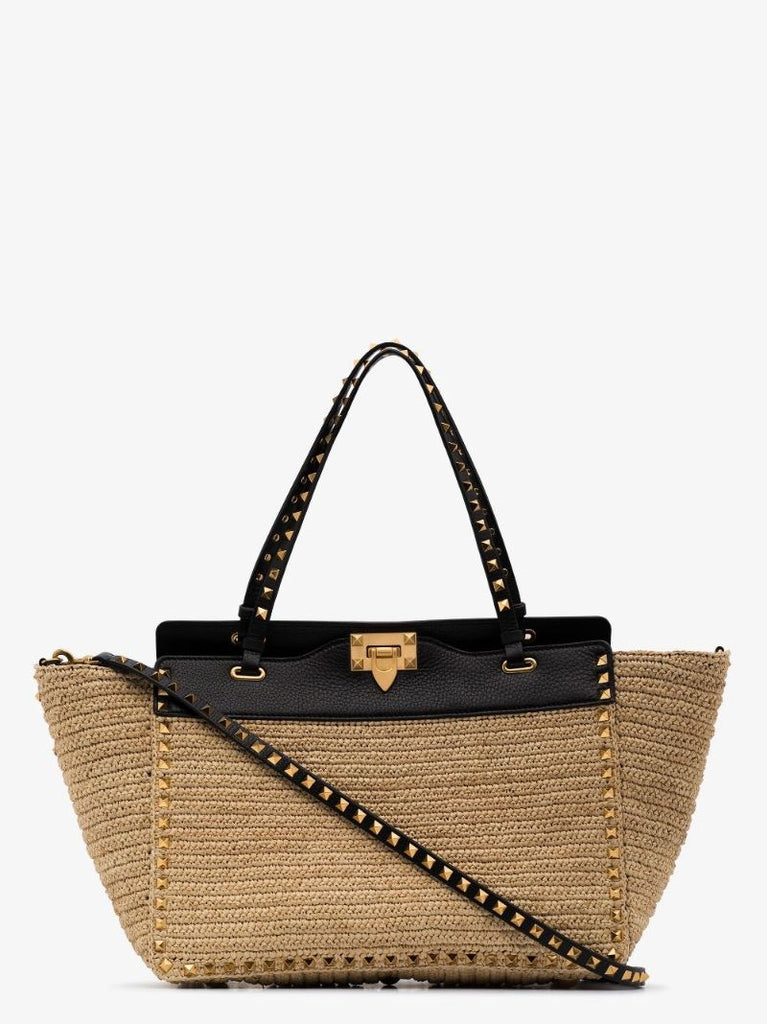 Neutral Rockstud Medium Raffia Tote Bag