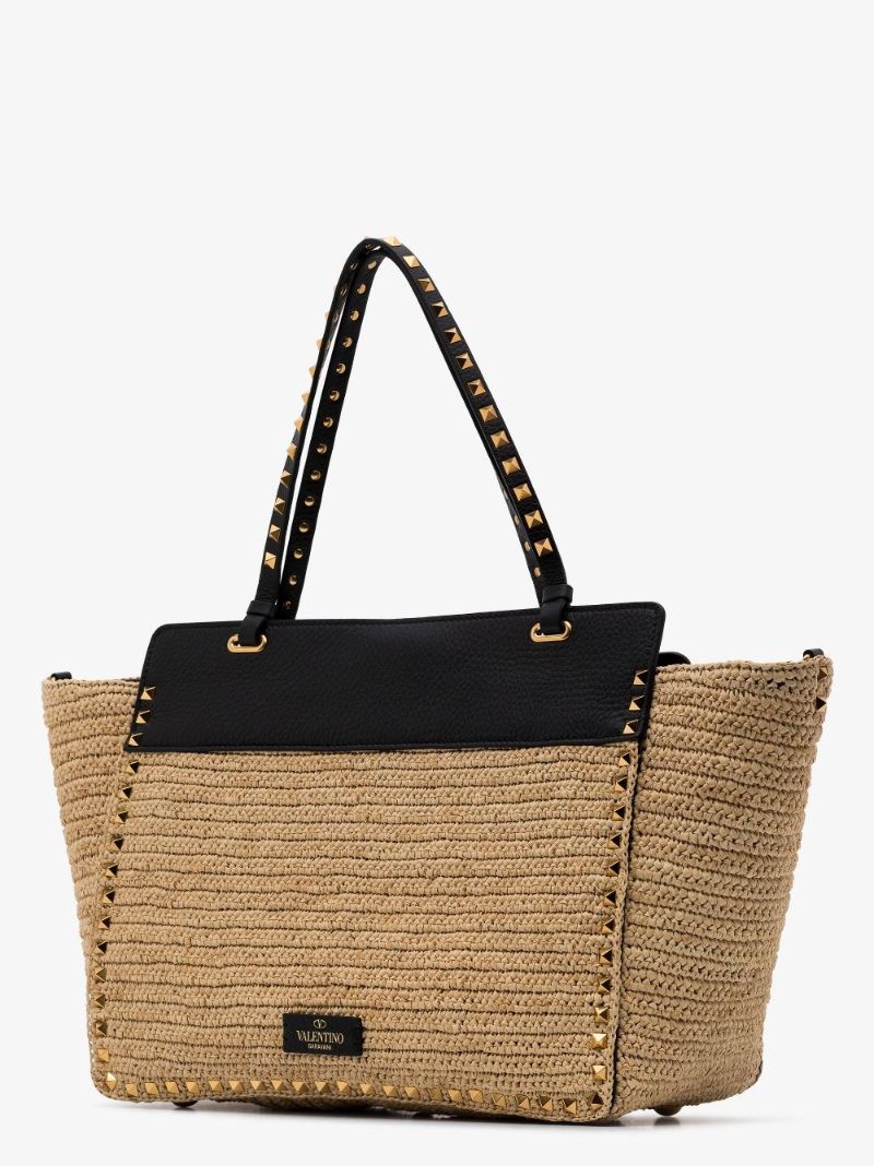 Neutral Rockstud Medium Raffia Tote Bag