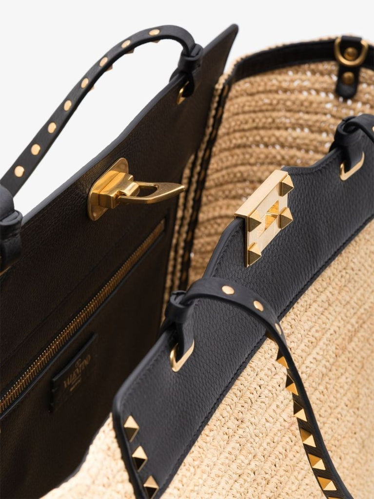 Neutral Rockstud Medium Raffia Tote Bag
