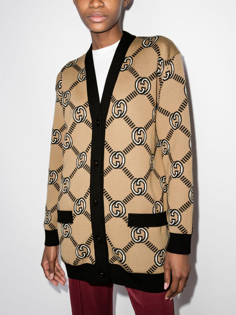 Neutral Interlocking Gg Reversible Wool Cardigan