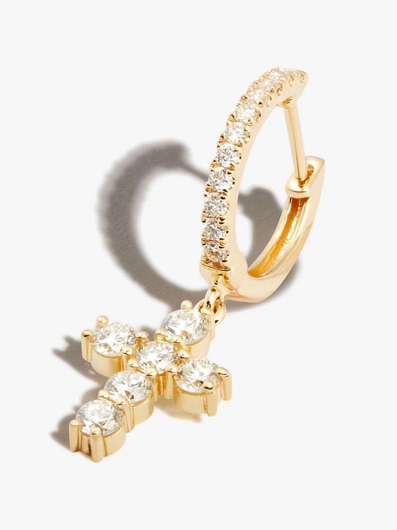 18k Yellow Gold Cross Diamond Hoop Earring