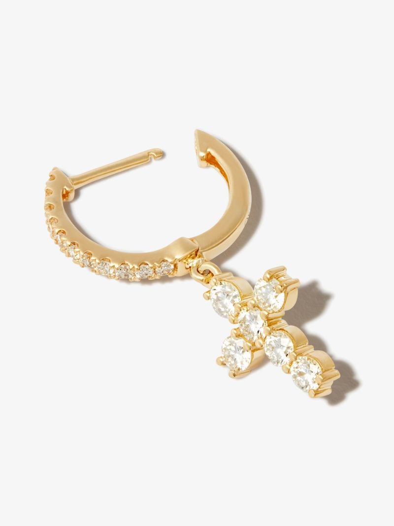 18k Yellow Gold Cross Diamond Hoop Earring
