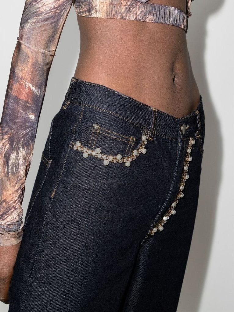 Crystal Pearl Cropped Wide Leg Jeans