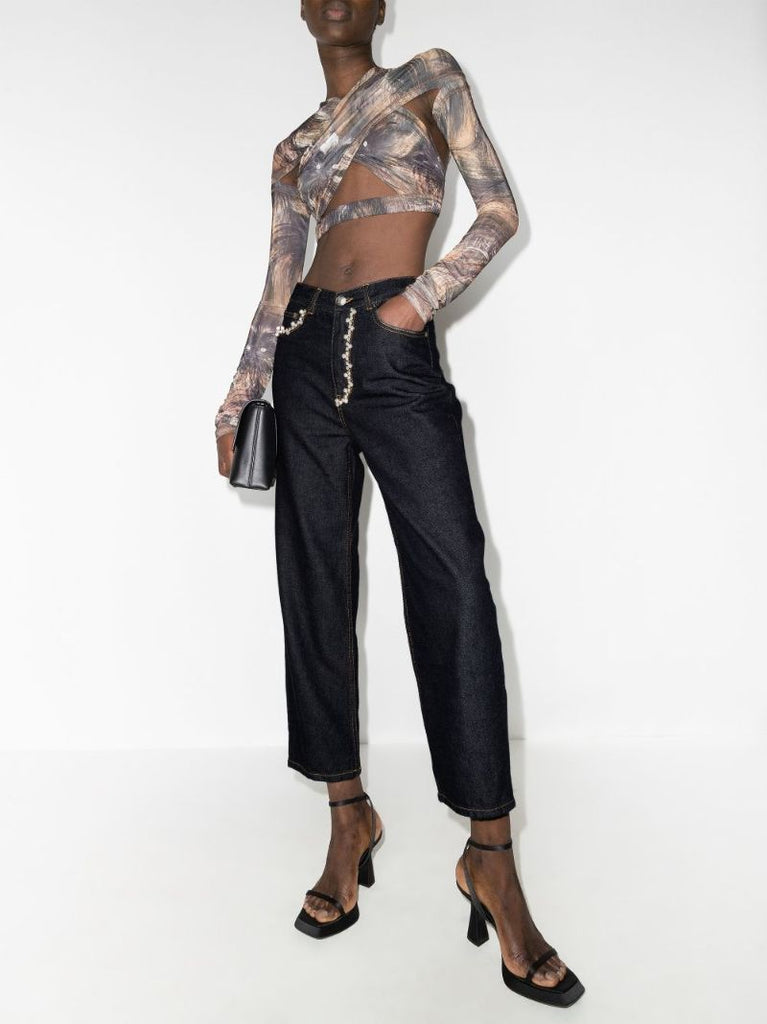 Crystal Pearl Cropped Wide Leg Jeans