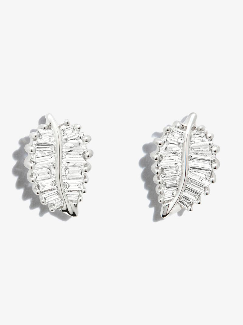 18k White Gold Small Palm Leaf Diamond Earrings