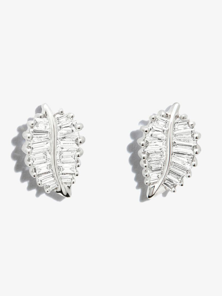 18k White Gold Small Palm Leaf Diamond Earrings
