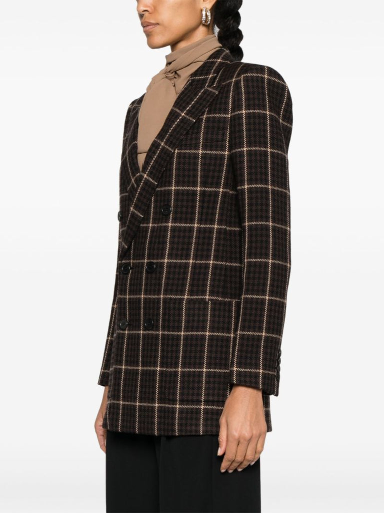 Brown Checked Double-breasted Wool Blazer