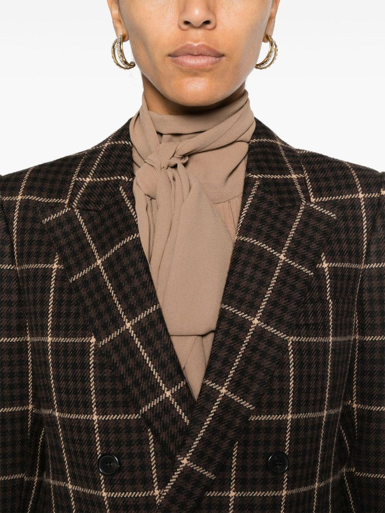 Brown Checked Double-breasted Wool Blazer