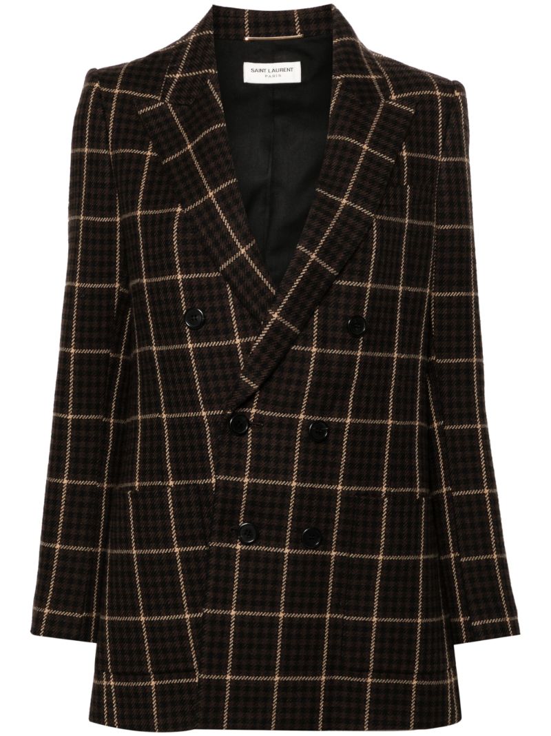 Brown Checked Double-breasted Wool Blazer