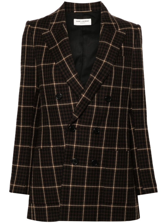 Brown Checked Double-breasted Wool Blazer