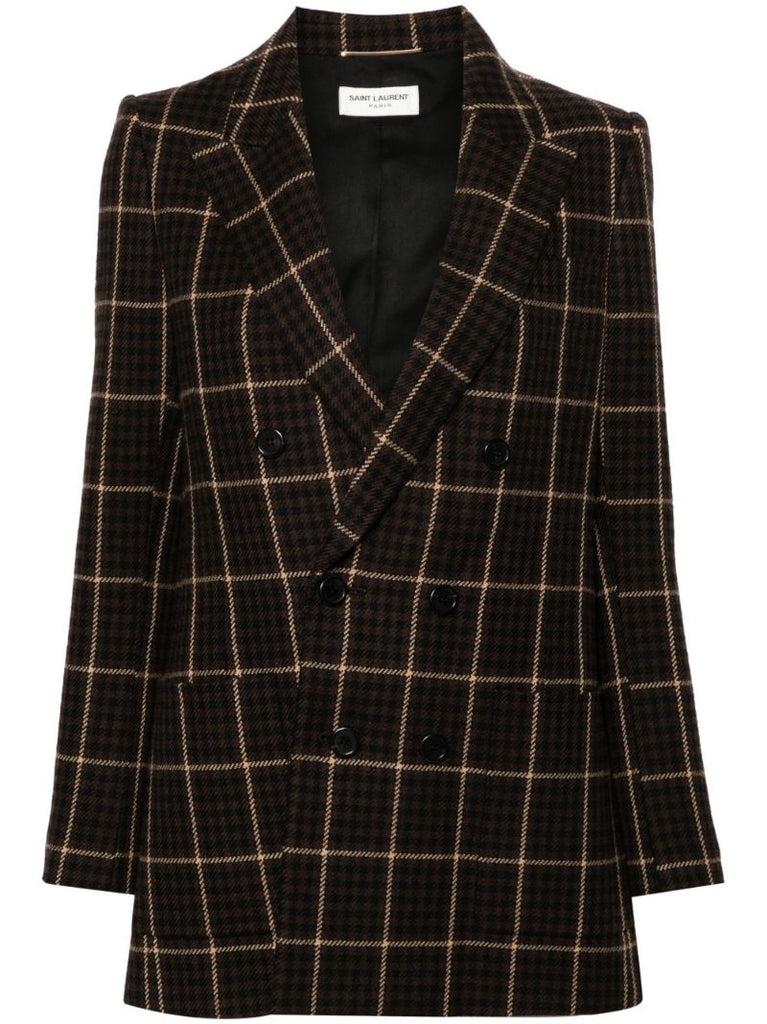 Brown Checked Double-breasted Wool Blazer