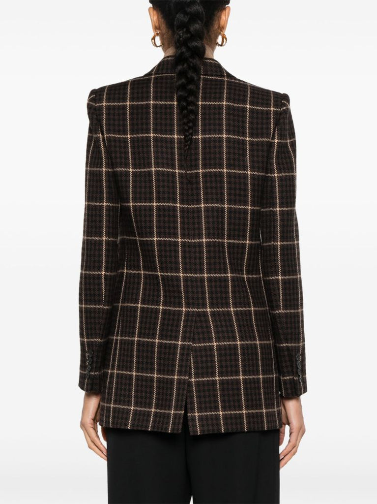 Brown Checked Double-breasted Wool Blazer