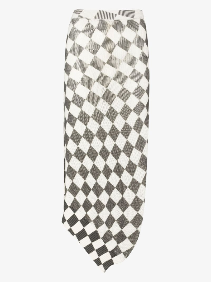 Asymmetric Checkerboard Cotton Midi Skirt